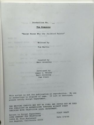 Rare The Simpsons 1st Draft Script For Pokey Mom Episode Michael Keaton 2000