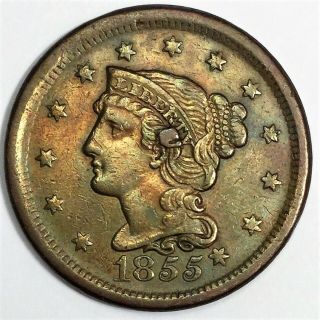 1855 Braided Hair Large Cent Knob On Ear Coin Rare Date