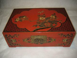 Rare Vintage Red Laquered Wood Chinese Jewelry Box 12 " X 8 " X 4 "