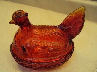 Vintage Orange/red Chicken Hen On Nest Candy Dish Rare Color L.  E.  Smith ????