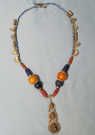 Artisan Handcrafted Amber Lapis Bead 3 - D Blown Out Coin Necklace Look Rare