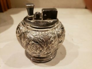 RARE 1935 Ronson Touch Tip Table Lighter - Silver Plate Floral Design Metal 4
