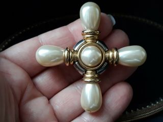 Vintage Signed Jesara Maltese Cross Faux Pearls Brooch Pin Rare