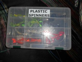 23 Rare Vintage Bass Fishing Soft Plastic Prop Spinner Lures With Storage Box