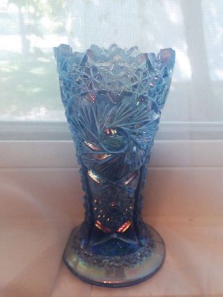 Le Smith Carnival Glass Purple Blue Heritage Whirling Star Iridescent Vase Rare