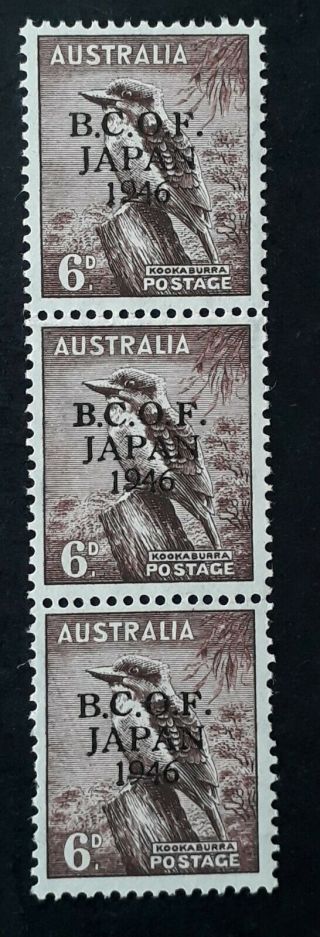 Rare 1947 Australia Strip 3x6d Purple Brown Kookaburra Stamps Bcof Japan O/p Muh