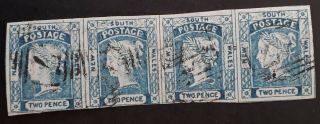 Rare 1855 - Nsw Australia Strip 4x 2d Prussian Blue Laureate Stamps