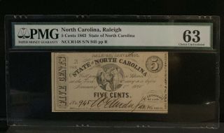 1863 Uncirculated State Of North Carolina Raleigh 5 Cents Pmg 63 Nccr148 Rare