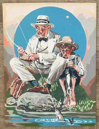 Norman Rockwell Fishing Paint By Number Painting Pbn Vintage Rare