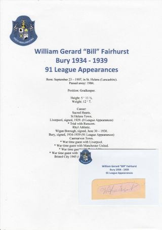 Bill Fairhurst Bury 1934 - 1939 Rare Autograph Cutting