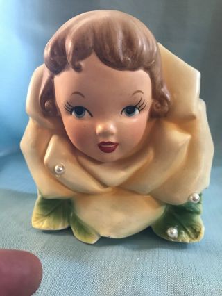 Lady Head Vase Napco C4827b Brown Haired Child In A Yellow Flower 6” Rare Htf