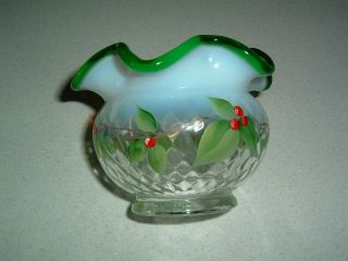 RARE Fenton Diamond Opalescent Green Crest Hand Painted Holly Vase Cond. 2