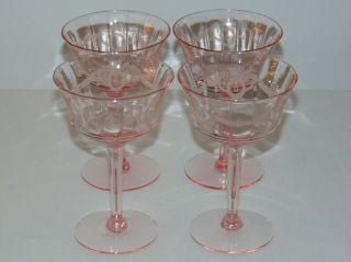 4 Rare Vintage Antique Art Deco Optic Pink Depression Glass Wine Cordial Goblets