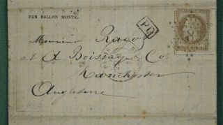 Rare France Stamp Cover Balloon Post 4 January 1871 Paris To England (l95)