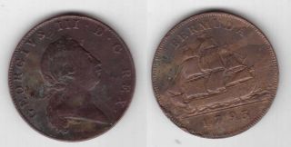 Bermuda - Rare 1 Penny Copper Coin 1793 Year Km 5 Ship