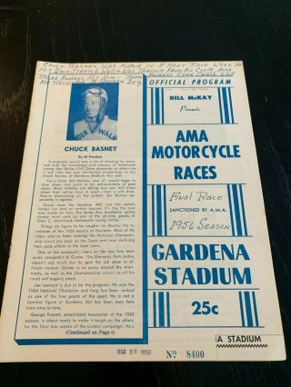 Rare 1956 Gardena Stadium Ama Motorcycle Races Driver On Cover Passed Away