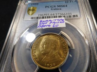 R328 Africa Guinea 1959 10 Francs Pcgs Ms - 64 Rare Type Not Priced Above 60