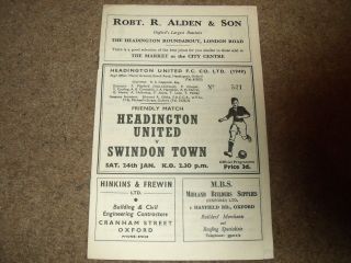 Rare Headington United V Swindon Town Friendly 24th January 1959