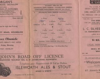 Rare Hounslow Town Res V Slough Res 1950 Non League Football Programme London