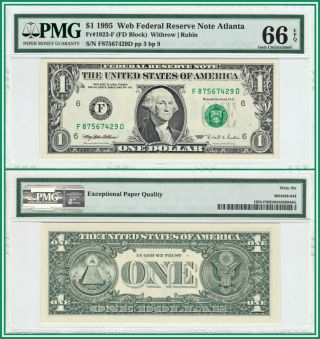 1995 Web Press $1 Federal Reserve Note Pmg 66 Epq Gem Unc Dollar Frn Rare