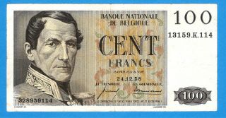 Belgium 100 Francs 1958 Series 13159k144 Rare