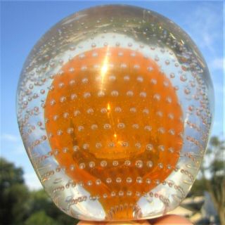 Rare Vintage Art Glass Controlled Bubble Crystal Ball Paperweight Orange Balloon