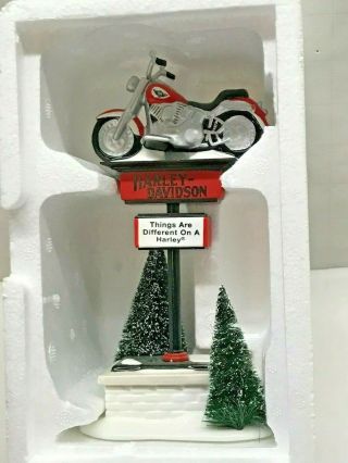 Rare Vtg Dept 56 Snow Village Christmas Harley Davidson Motorcycle Sign Figurine