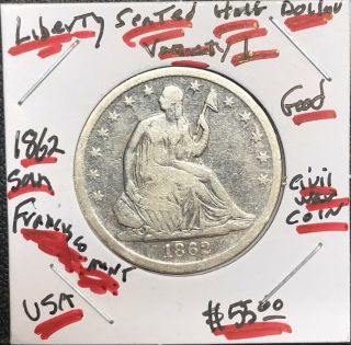 Liberty Seated 1862 - San Francisco Civil War Era 90 Silver Very Rare Half Dollar