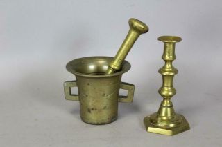 A Rare Decorated 17th C Brass Double Handle Mortar And Pestle In Old Surface