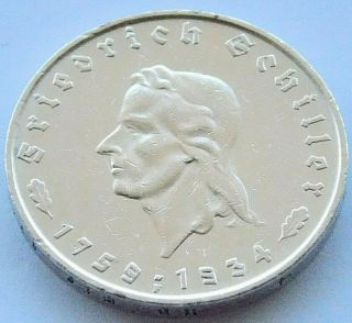 German Coin 1934 F 5 Reichsmark Friedrich Schiller Silver Third Reich Ww2 Rare