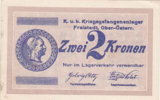 2 Kronen Extra Fine P.  O.  W.  Camp Note From Austria/freistadt 1916 Rare