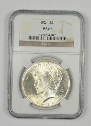 Almost Perfect - Ms - 65 1924 Peace Silver Dollar - Ngc Graded - Rare 874