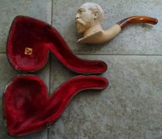 Rare Antique Carved Figural Meerschaum? Smoking Pipe - In Bbb Case W/amber? Stem