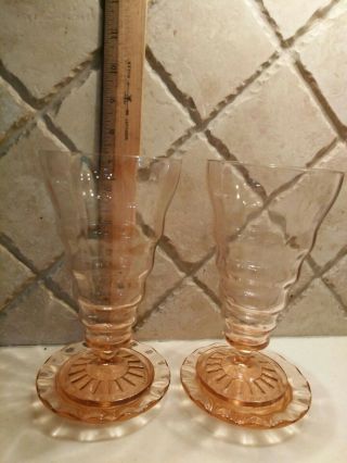 Rare Set Of 2 Pink Depression Glass Soda Ice Cream Glasses With Drip Plates