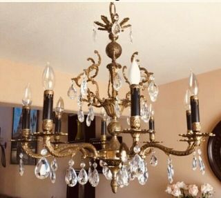 Vintage Brass And Crystal Chandelier With Rare Black And Gold Drop Light Covers