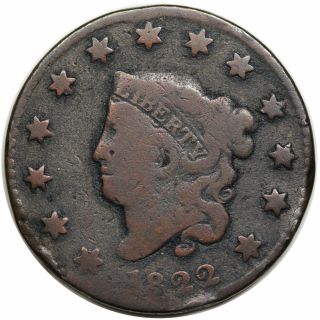 1822 Coronet Head Large Cent,  Rare N - 9,  R5,  G,  Detail