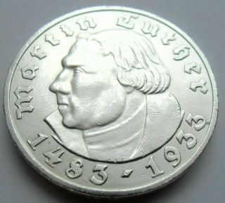 (1045) Ultra Rare German Silver Coin 5 Reichsmark 1933 E - Martin Luther