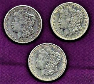 Rare " Morgan " Silver Dollars 1921 - S,  Fine/x - Fine,  Set Of 3