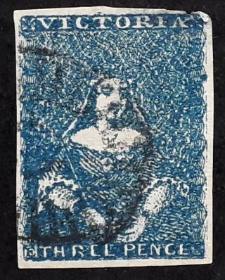 Rare 1855 - Victoria Australia 3d Steel Blue Imperf Half Length Stamp C,  F Print