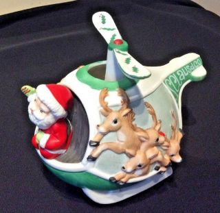 Rare Santa In Helicopter Porcelain Rotatng Music Box Plays Santa Claus Is Coming