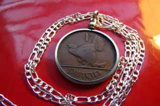 1943 Irish Rare Penny Pingin Pendant On A 28 " 925 Sterling Silver Chain