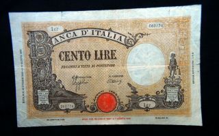 1944 Italy Kingdom Rare Large Banknote 100 Lire Vf,  Grande B
