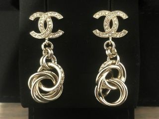 Rare Auth Chanel Cc Logo Stud Dangle Earrings Crystal Gold Tone