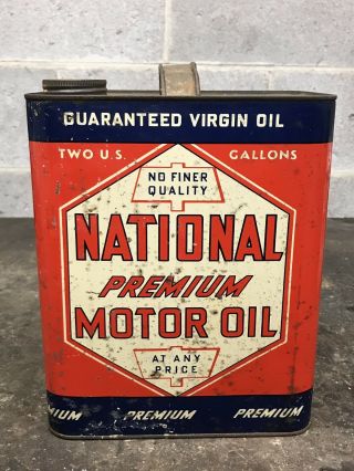 Vintage National Premium Motor Oil 2 Gallon Can Gas Virgin Oil Rare