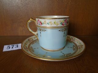 Rare Fine Minton Turquoise Floral Pink Roses,  Jewelled & Gilded Tea Cup & Saucer
