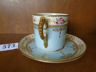 Rare Fine Minton Turquoise Floral Pink Roses,  Jewelled & Gilded Tea Cup & Saucer 2