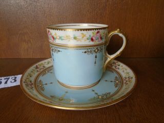 Rare Fine Minton Turquoise Floral Pink Roses,  Jewelled & Gilded Tea Cup & Saucer 3