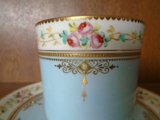 Rare Fine Minton Turquoise Floral Pink Roses,  Jewelled & Gilded Tea Cup & Saucer 4