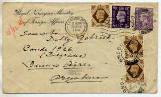 Gb/norway 1941 Rare Norwegian Government In Exile Cover From London To Argentina