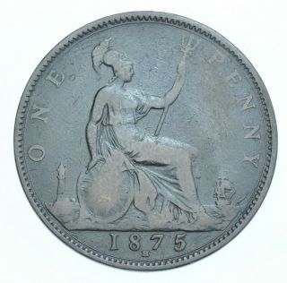 Rare 1875 Penny,  Heaton British Coin From Victoria Vf [r11]